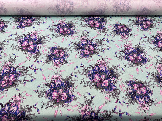 Lino stampato fiori su sfondo azzurro