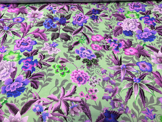 Lino stampato fiori viola su sfondo verde