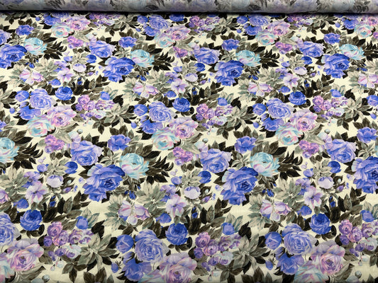 Lino stampato fiori lilla e blu