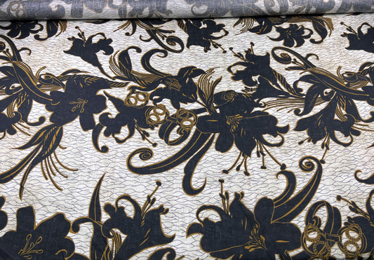 Lino stampato fiori neri su sfondo beige