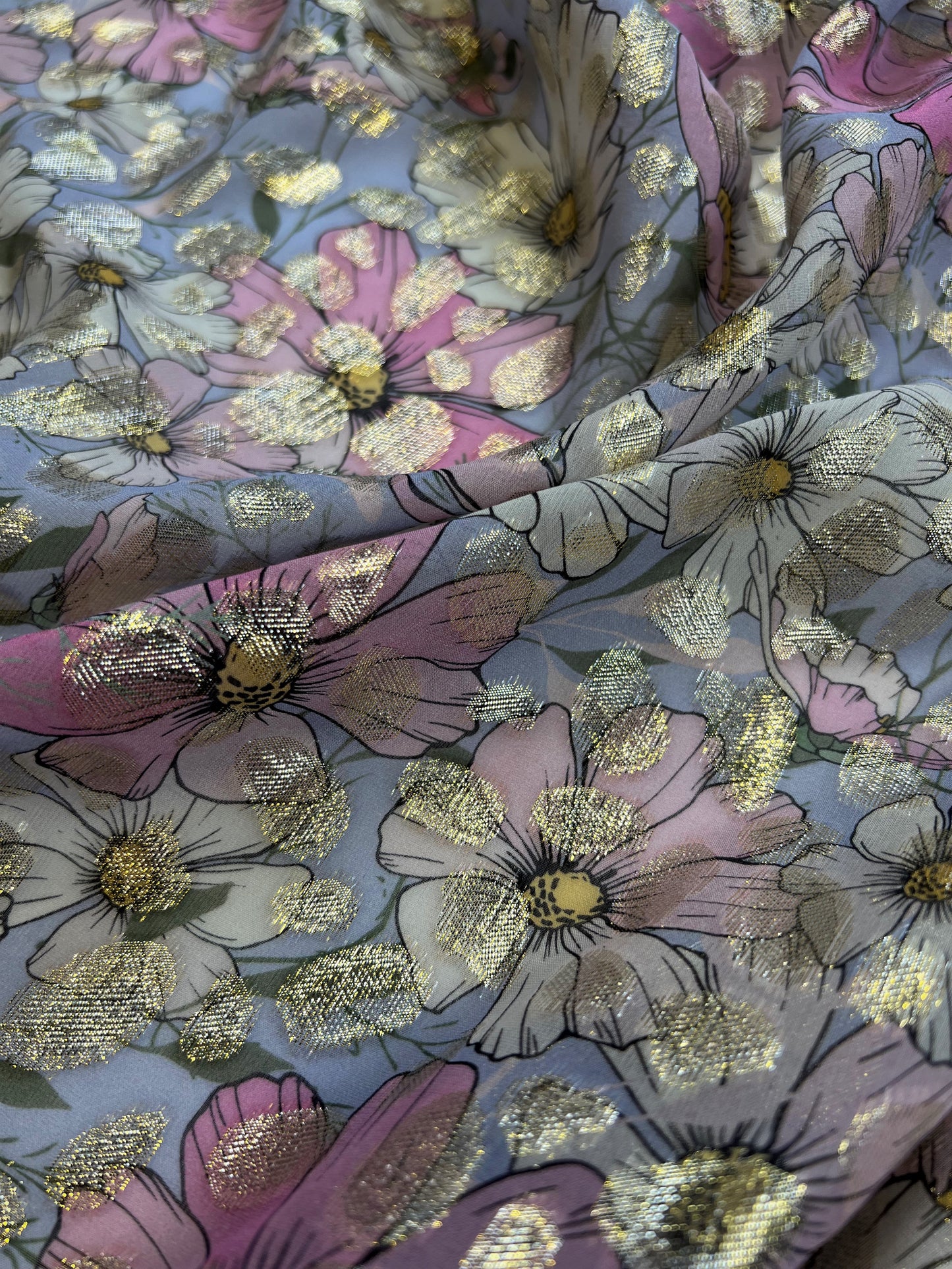 Georgette di seta con lurex fiori sfondo lilla