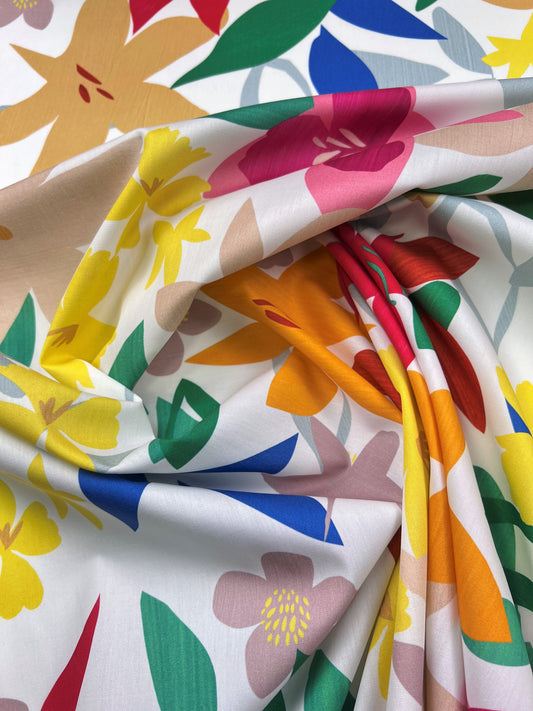Cotone stampato fiori multicolore su sfondo bianco