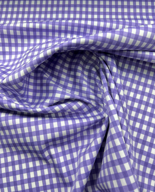 Cotone elasticizzato quadretti viola su sfondo bianco