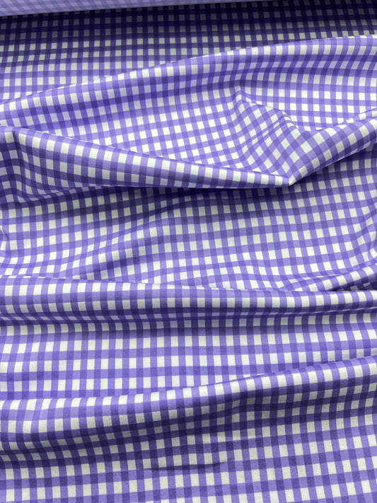 Cotone elasticizzato quadretti viola su sfondo bianco