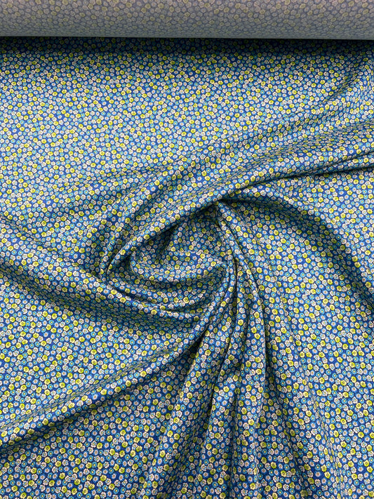 Raso di viscosa mini disegno fiori blu