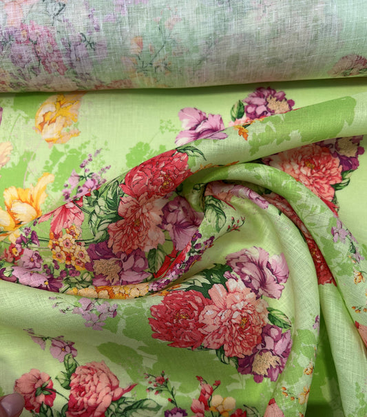 Lino stampato fiori rossi su sfondo lime