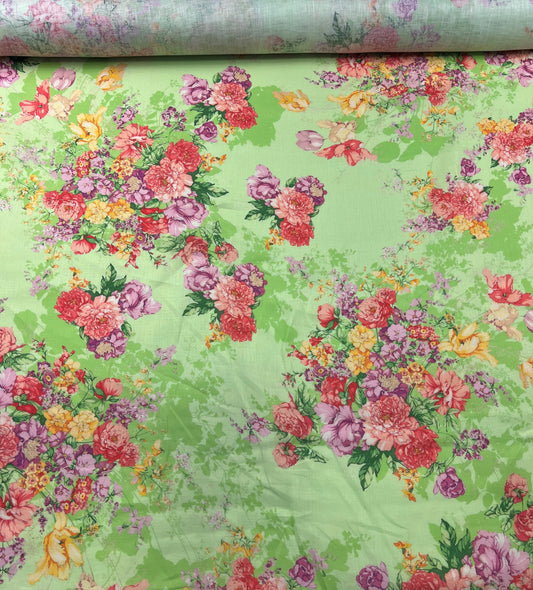 Lino stampato fiori rossi su sfondo lime