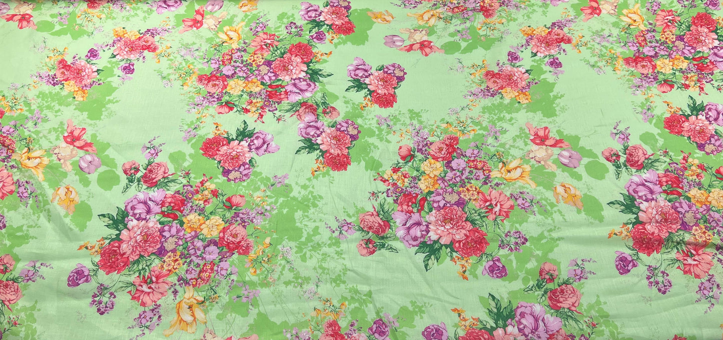Lino stampato fiori rossi su sfondo lime
