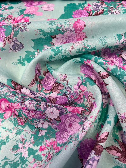 Lino stampato fiori rosa su sfondo azzurro
