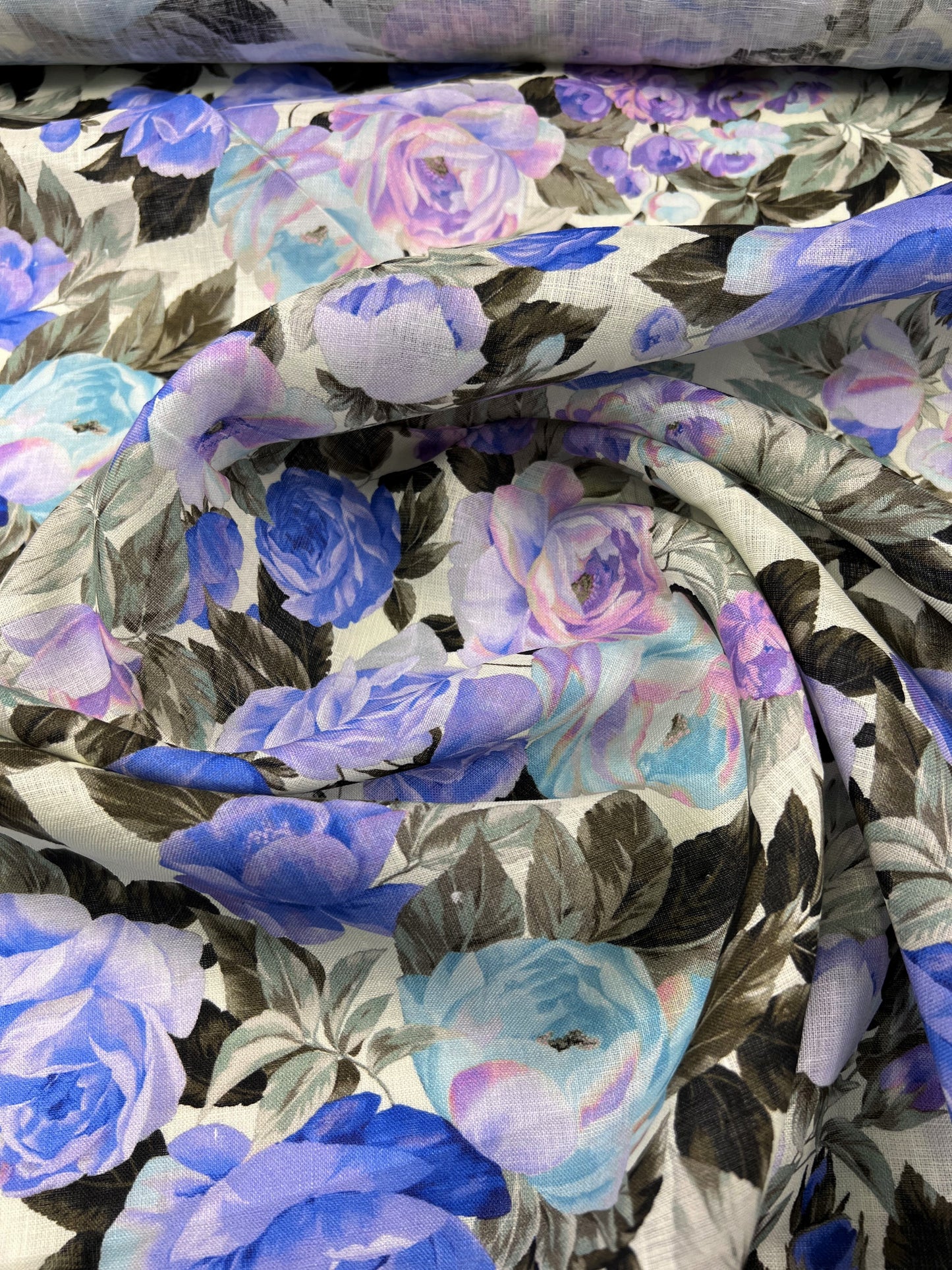Lino stampato fiori lilla e blu