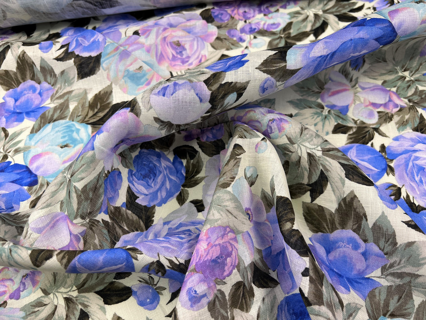Lino stampato fiori lilla e blu