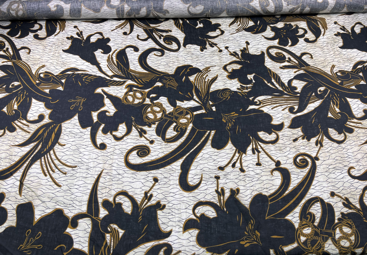Lino stampato fiori neri su sfondo beige
