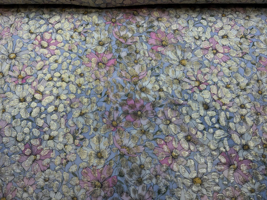 Georgette di seta con lurex fiori sfondo lilla