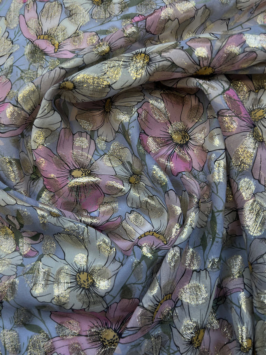 Georgette di seta con lurex fiori sfondo lilla