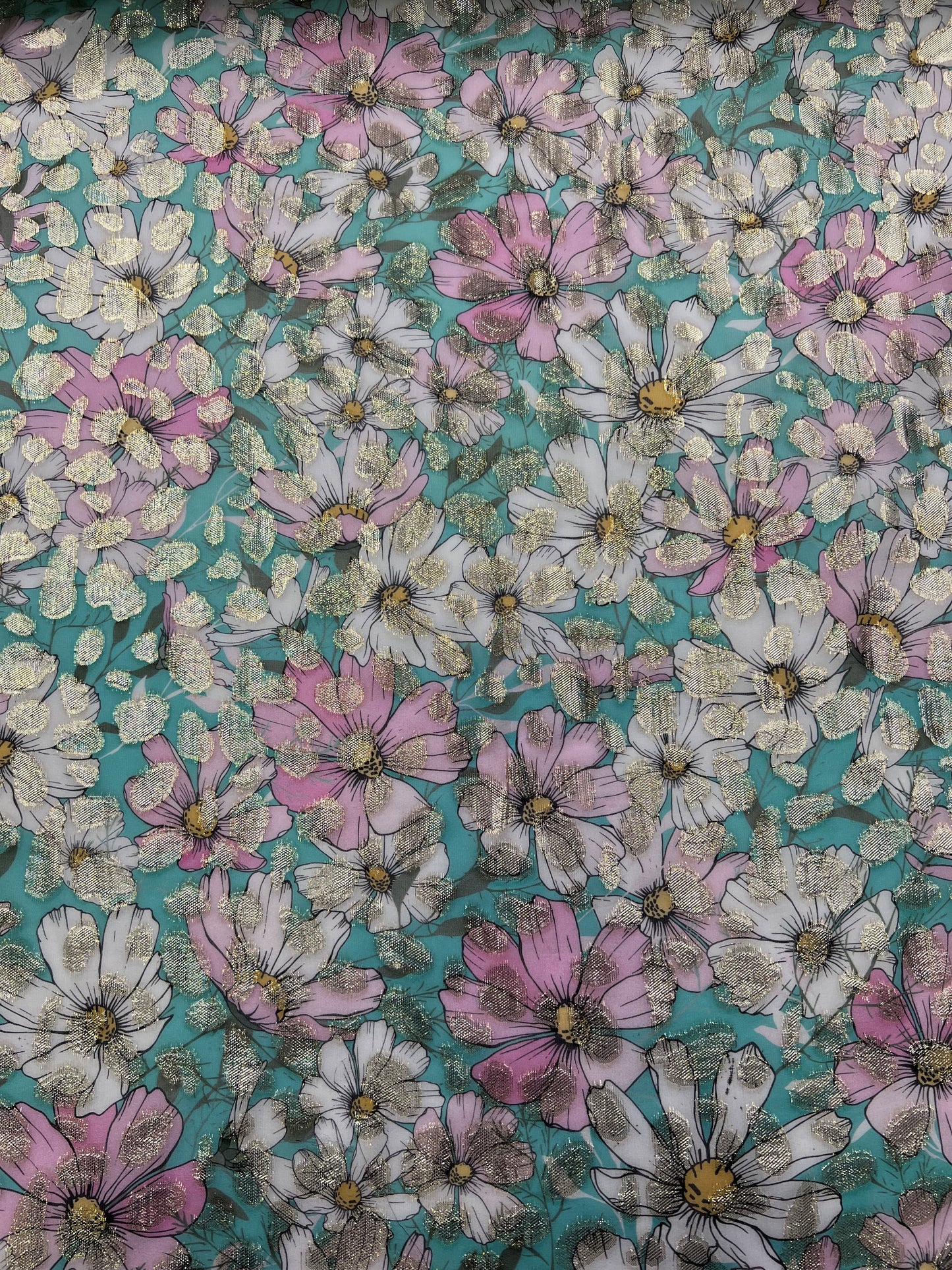 Georgette di seta con lurex fiori sfondo verde
