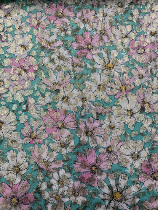 Georgette di seta con lurex fiori sfondo verde
