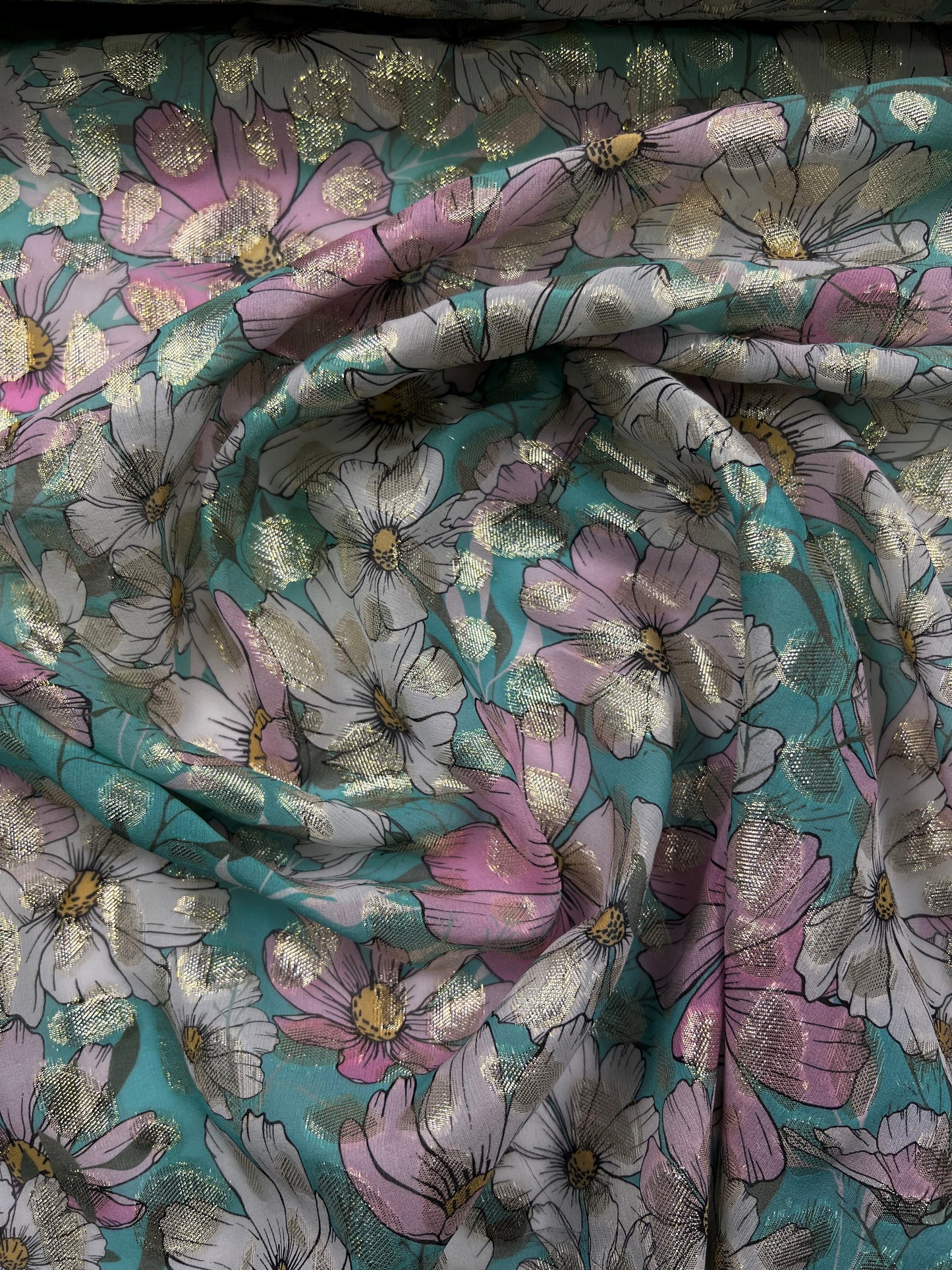 Georgette di seta con lurex fiori sfondo verde