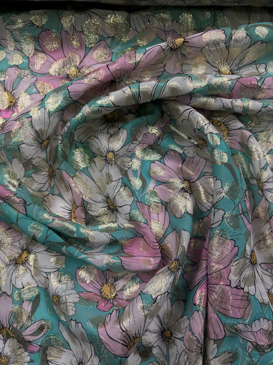 Georgette di seta con lurex fiori sfondo verde