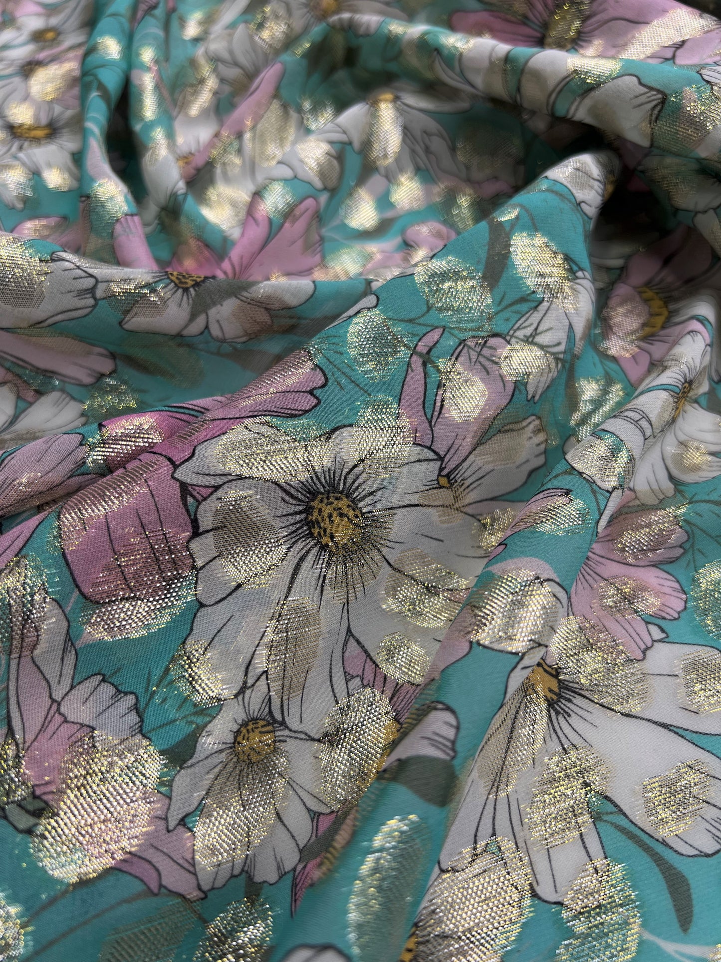 Georgette di seta con lurex fiori sfondo verde